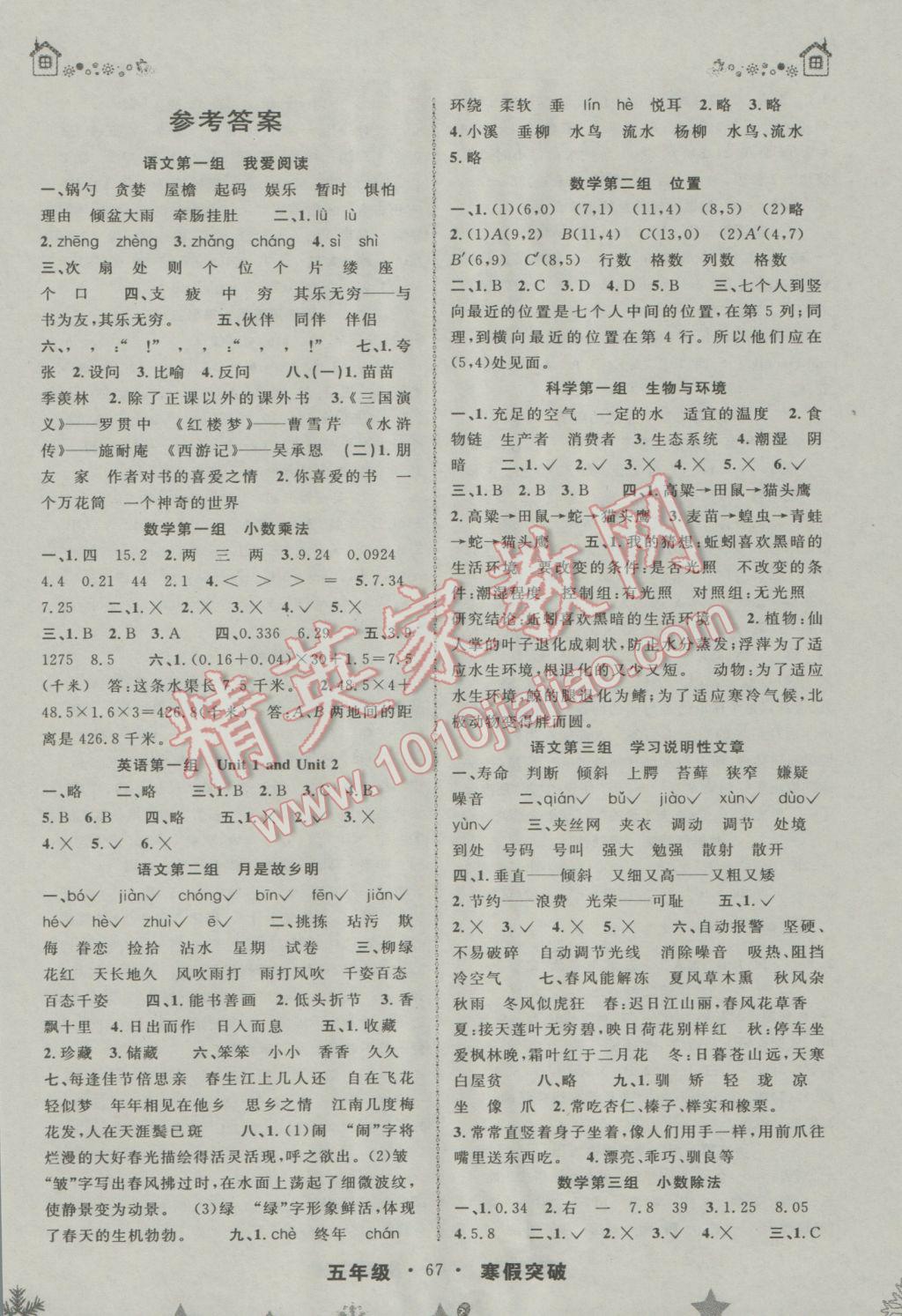 寒假创新性自主学习寒假突破五年级语文数学所有年代上下册答案大全