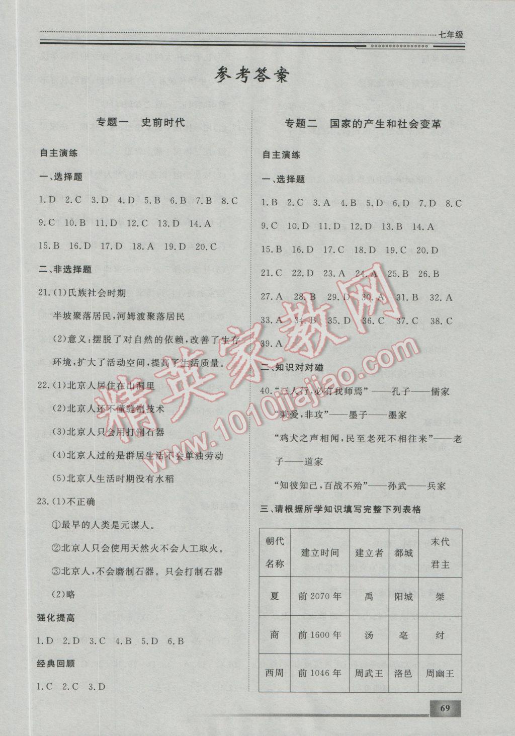 2017年文轩图书假期生活指导寒七年级历史 参考答案第1页