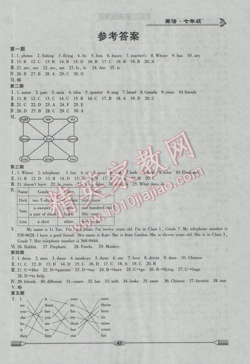 2017年仁愛英語開心寒假七年級 參考答案第1頁