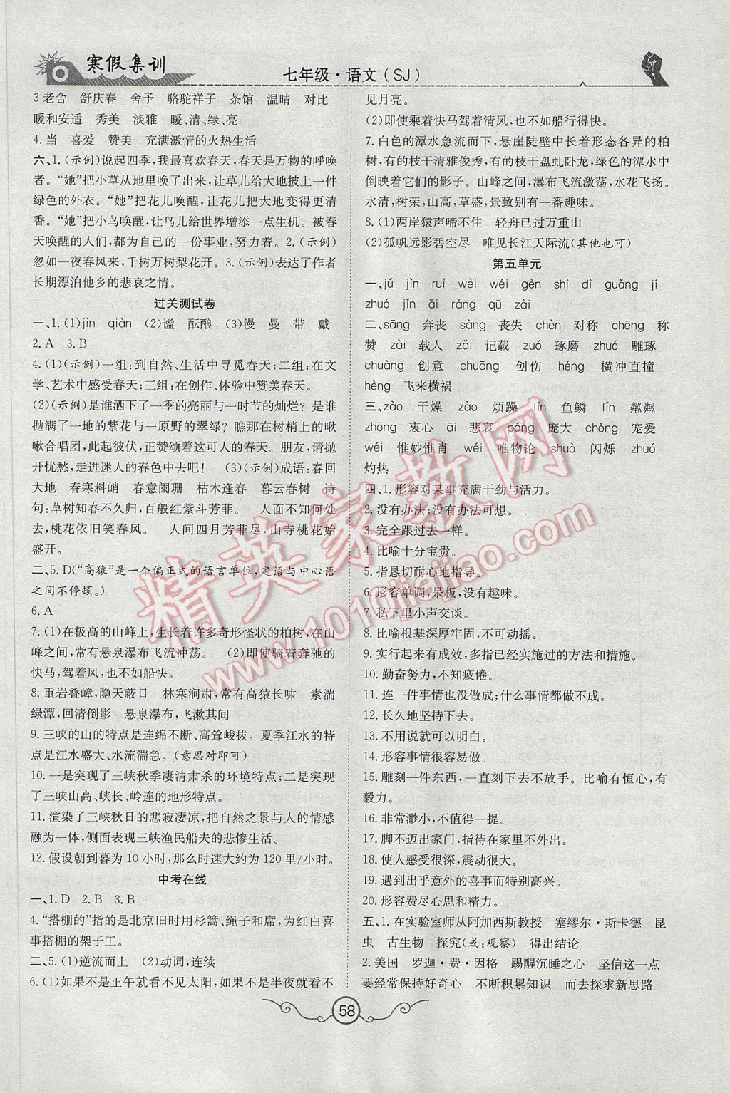 2017年寒假集训七年级语文苏教版 参考答案第3页