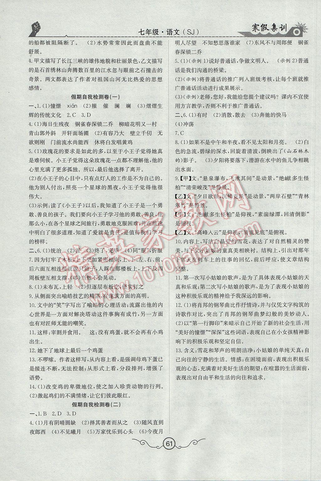 2017年寒假集训七年级语文苏教版 参考答案第7页