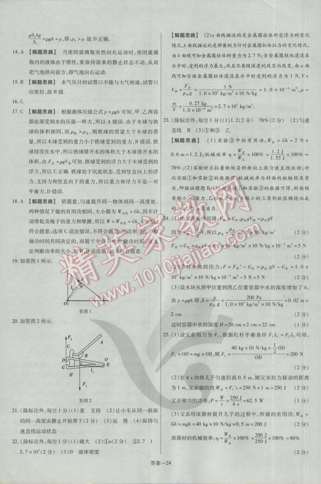 2017年金考卷活頁題選八年級物理下冊滬科版 參考答案第24頁