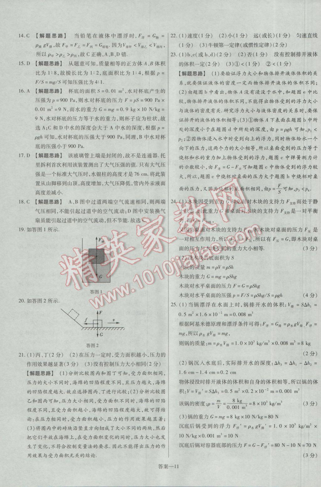 2017年金考卷活頁題選八年級(jí)物理下冊(cè)滬科版 參考答案第11頁