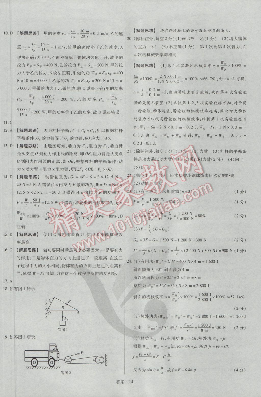 2017年金考卷活頁題選八年級物理下冊滬科版 參考答案第14頁