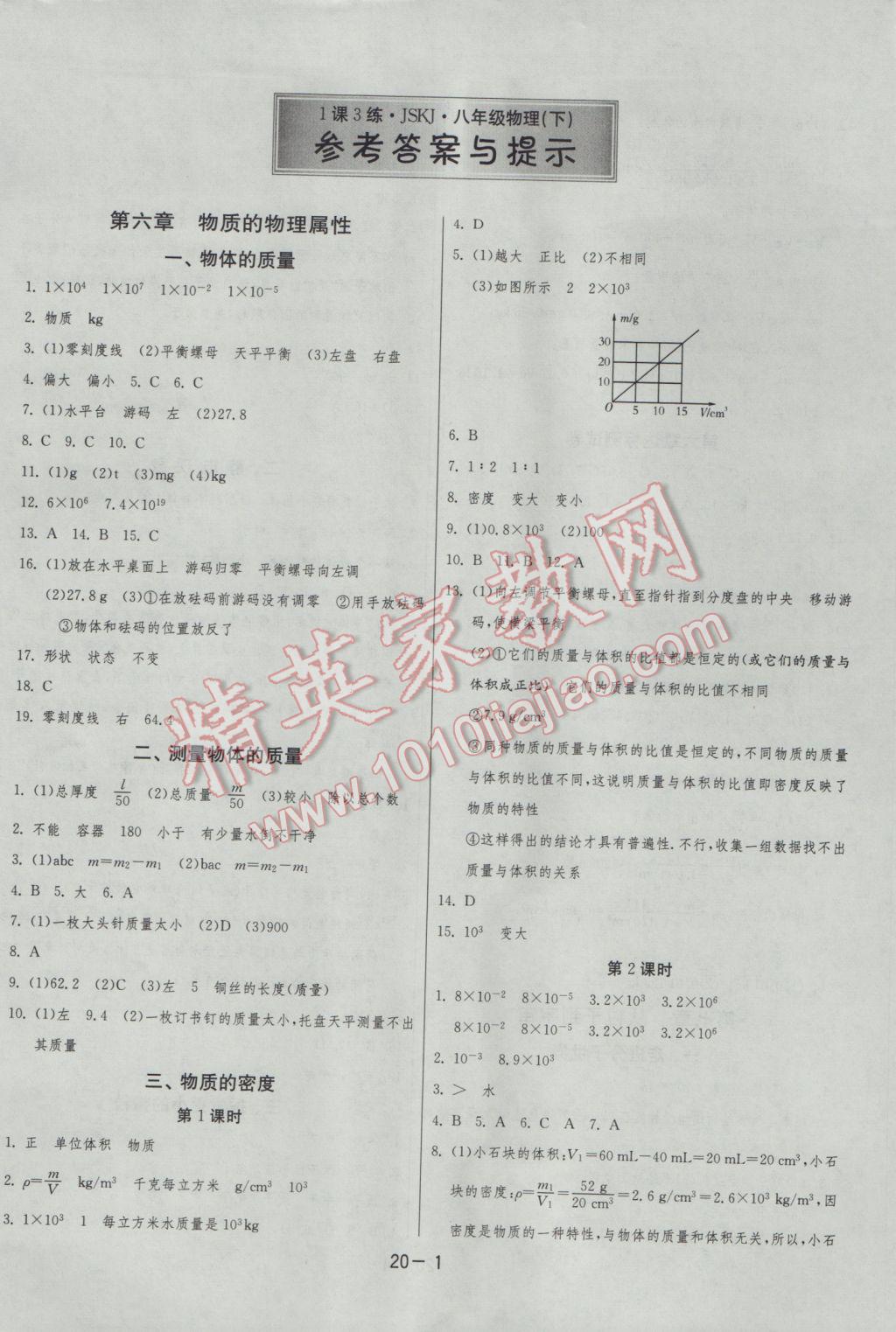 2017年1課3練單元達(dá)標(biāo)測試八年級物理下冊蘇科版 參考答案第1頁