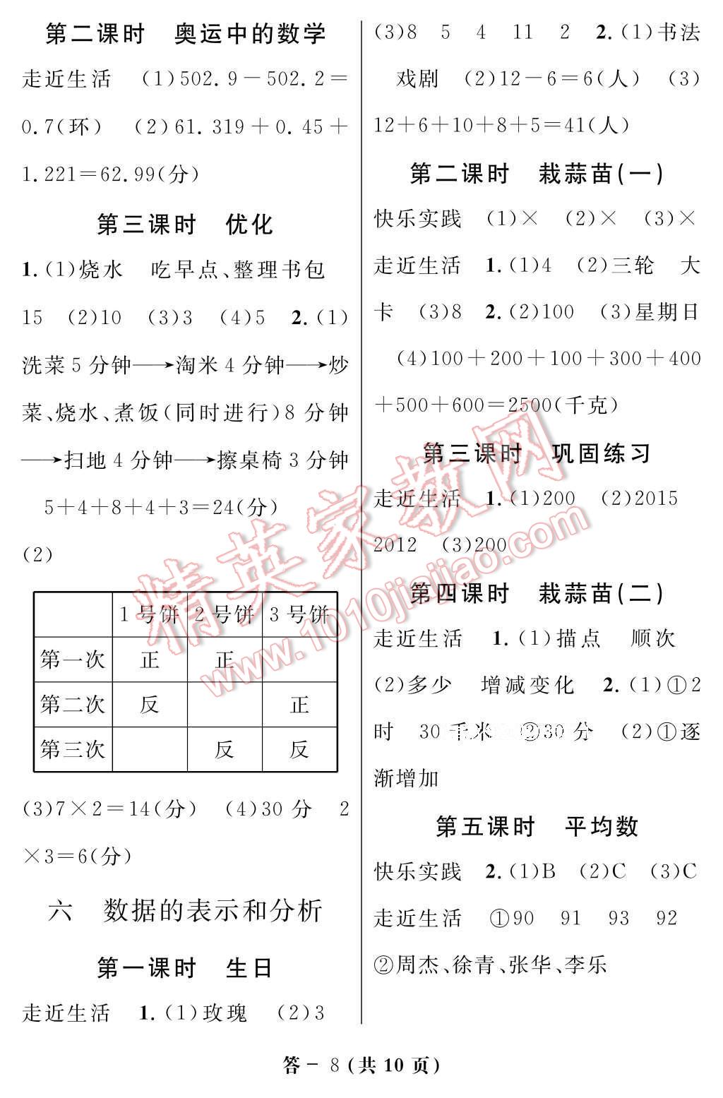 2017年数学作业本四年级下册北师大版江西教育出版社 参考答案第8页