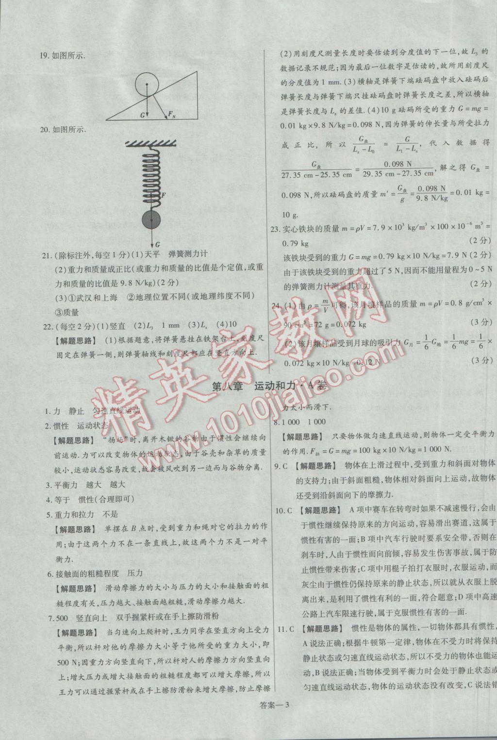 2017年金考卷活頁題選名師名題單元雙測卷八年級物理下冊人教版 參考答案第3頁