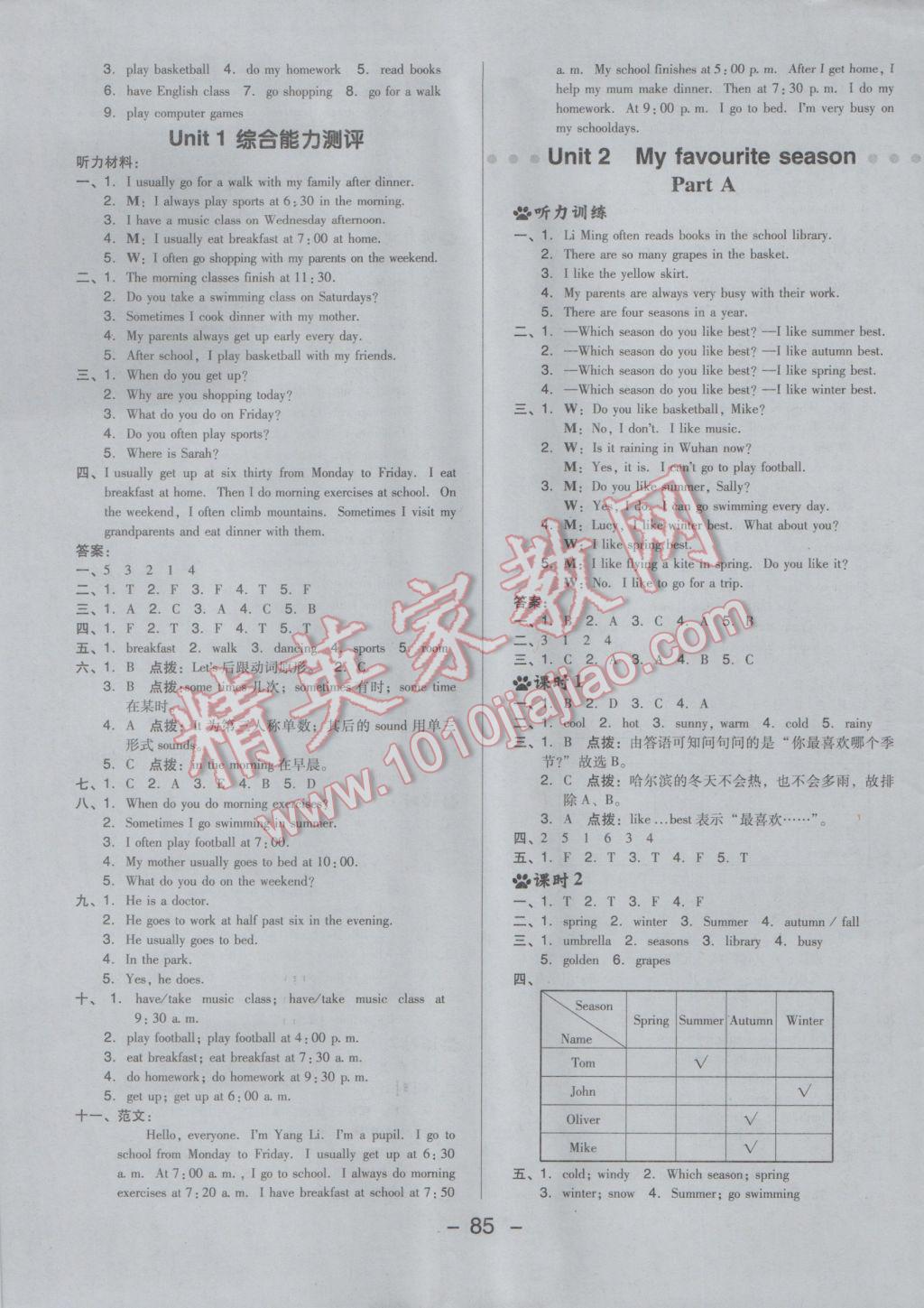 2017年综合应用创新题典中点五年级英语下册人教pep版三起 参考答案第