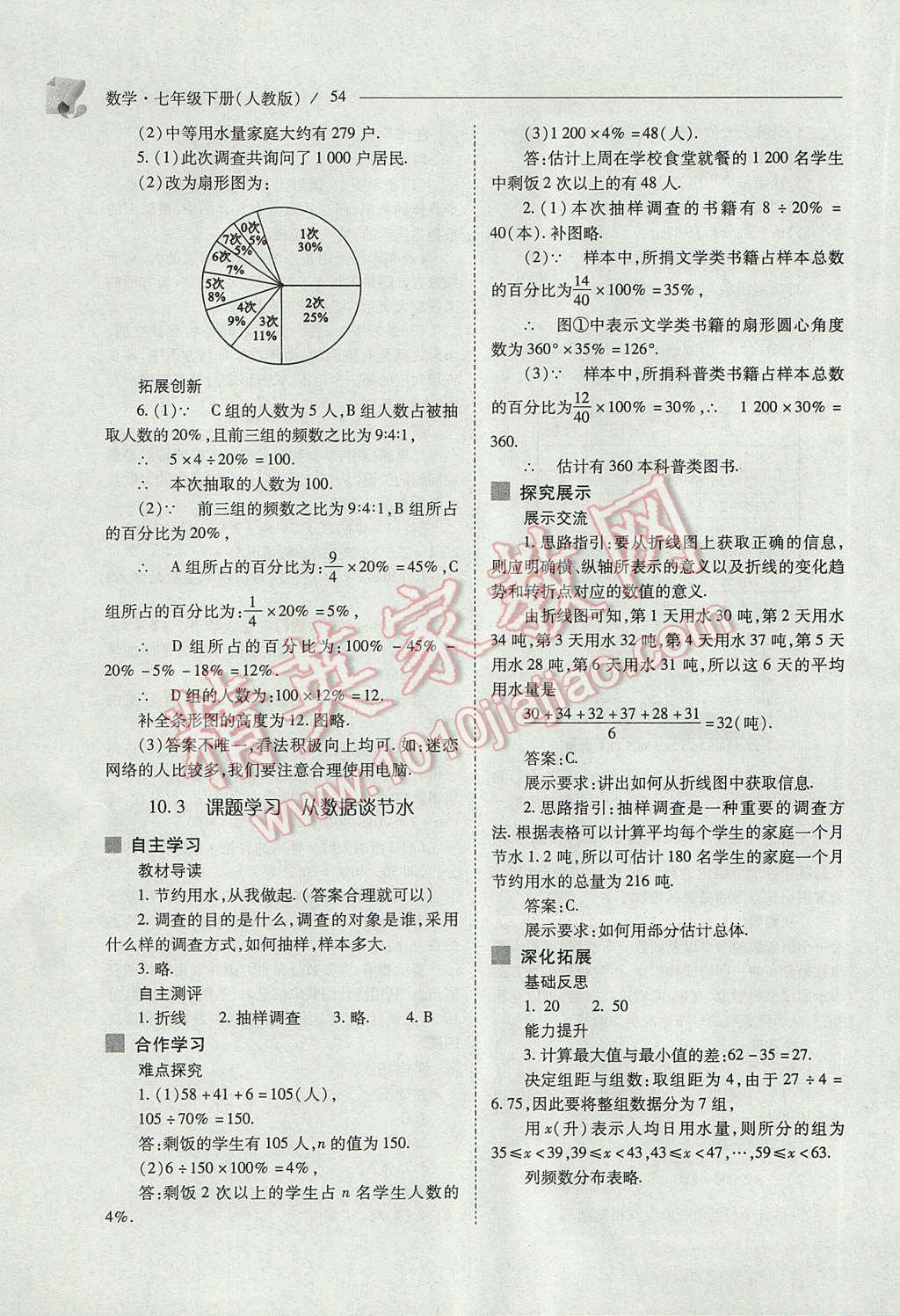 2017年新课程问题解决导学方案七年级数学下册人教版 参考答案第54页