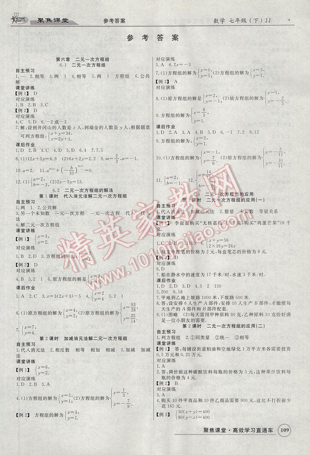 2017年聚焦课堂高效学习直通车七年级数学下册冀教版答案