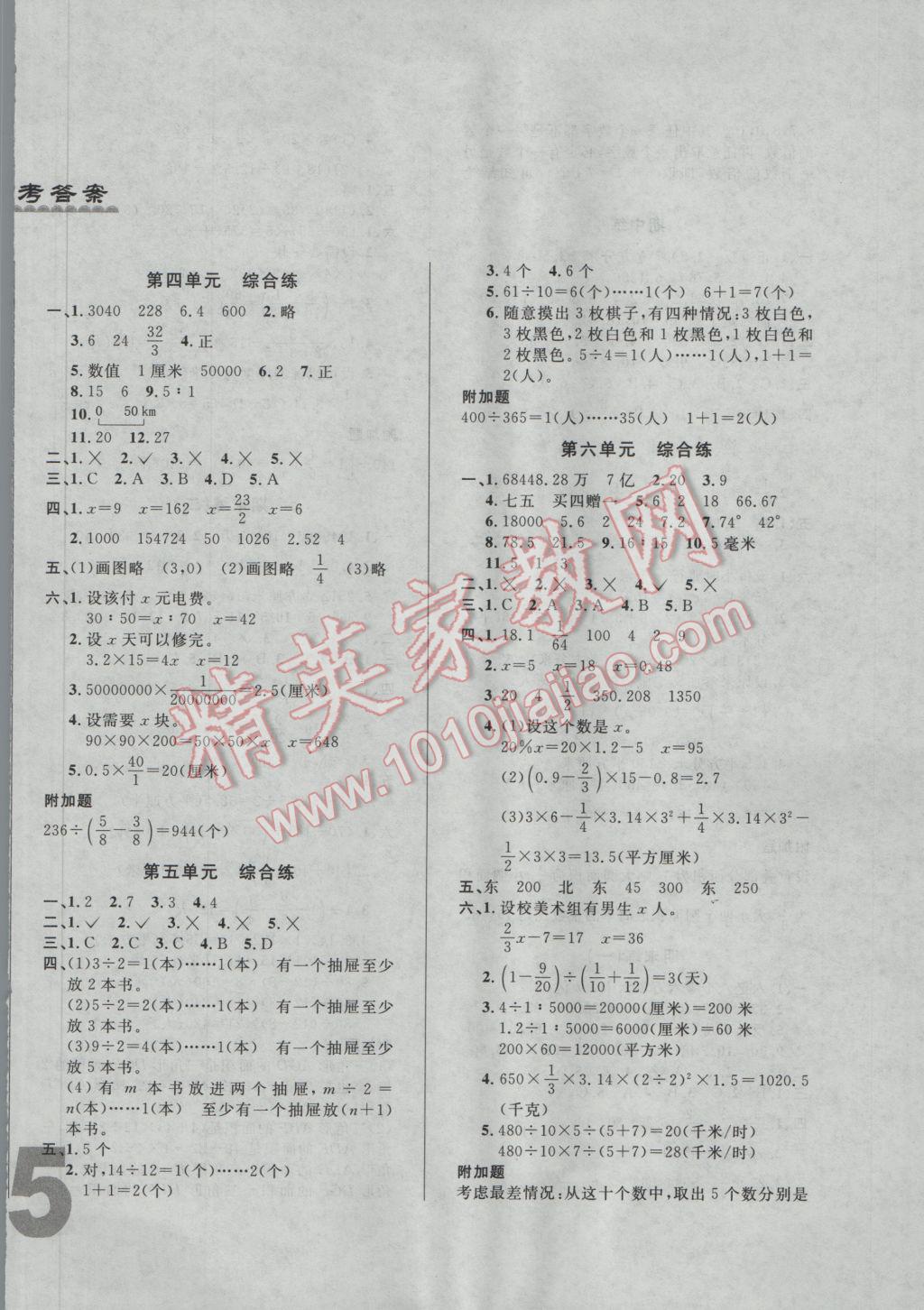 2017年悦然好学生单元练六年级数学下册人教版 综合练答案第8页