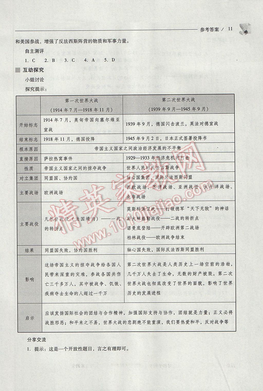 2017年新課程問題解決導學方案九年級歷史下冊北師大版 參考答案第11頁