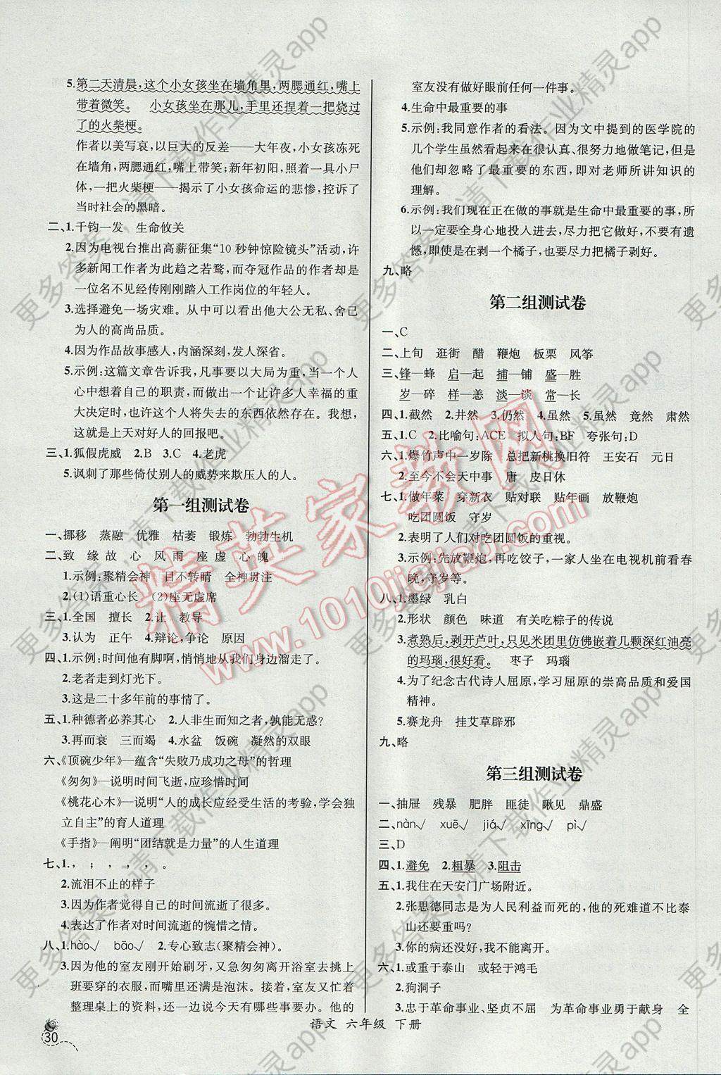 2017年同步导学案课时练六年级语文下册人教版河北专版 参考答案第12