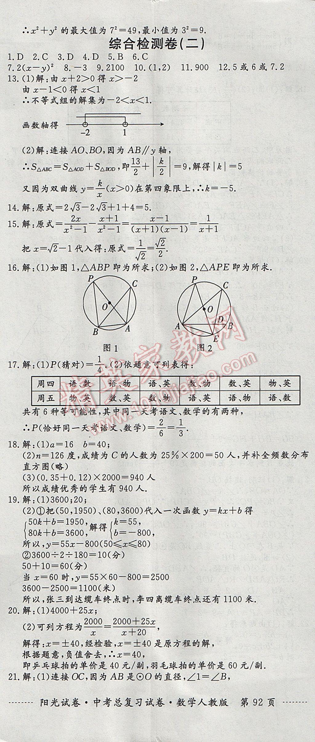 2017年陽光試卷中考總復(fù)習(xí)試卷數(shù)學(xué)人教版 參考答案第20頁