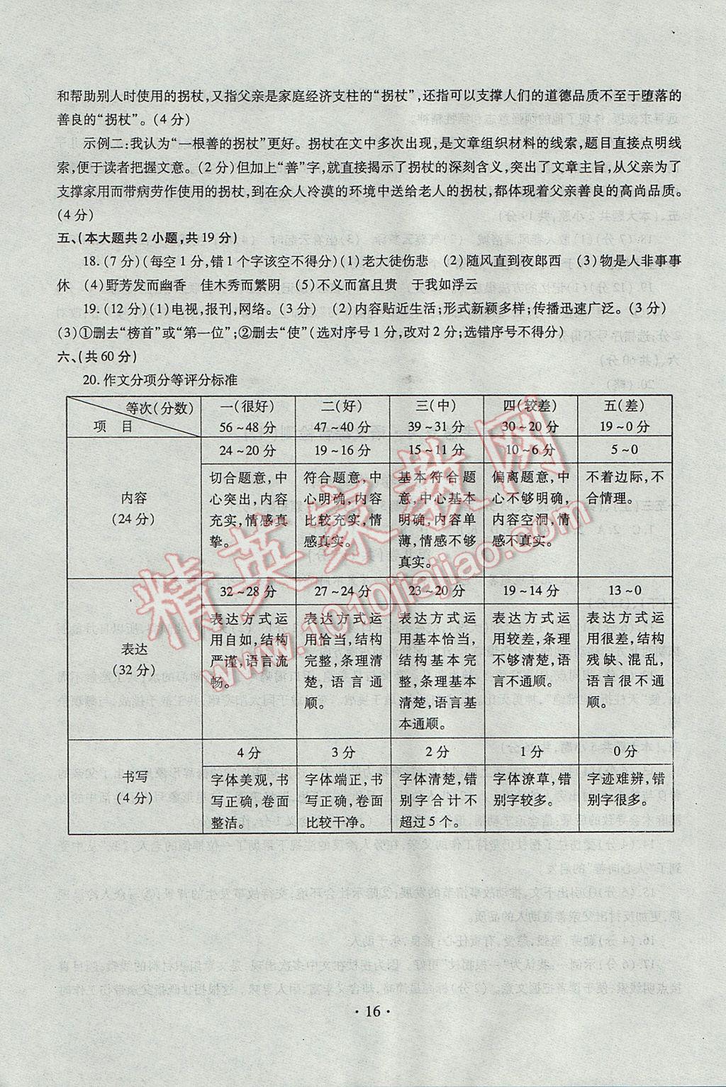 2017年中考总复习专项训练加综合检测语文 参考答案第16页