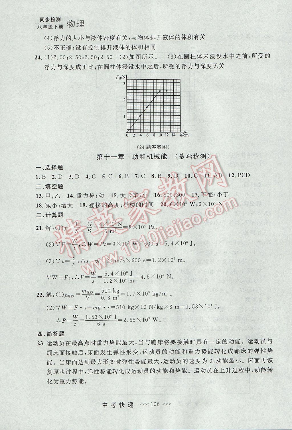 2017年中考快遞同步檢測(cè)八年級(jí)物理下冊(cè)人教版大連專用 參考答案第26頁