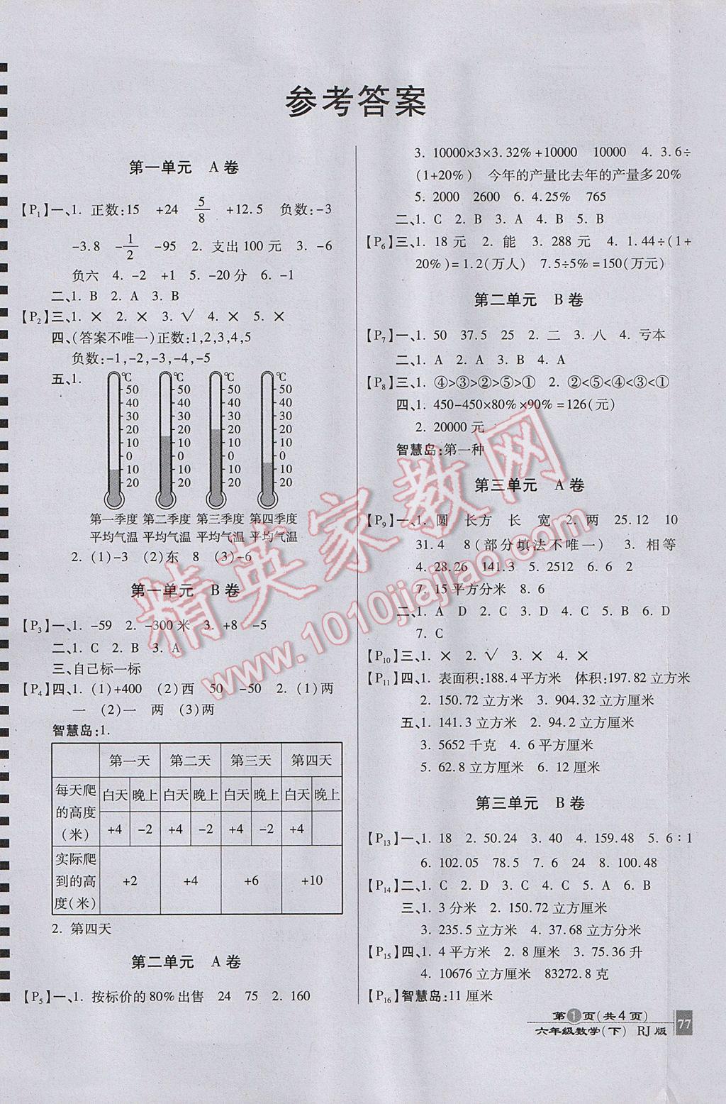 2017年最新ab卷六年级数学下册人教版 参考答案第1页