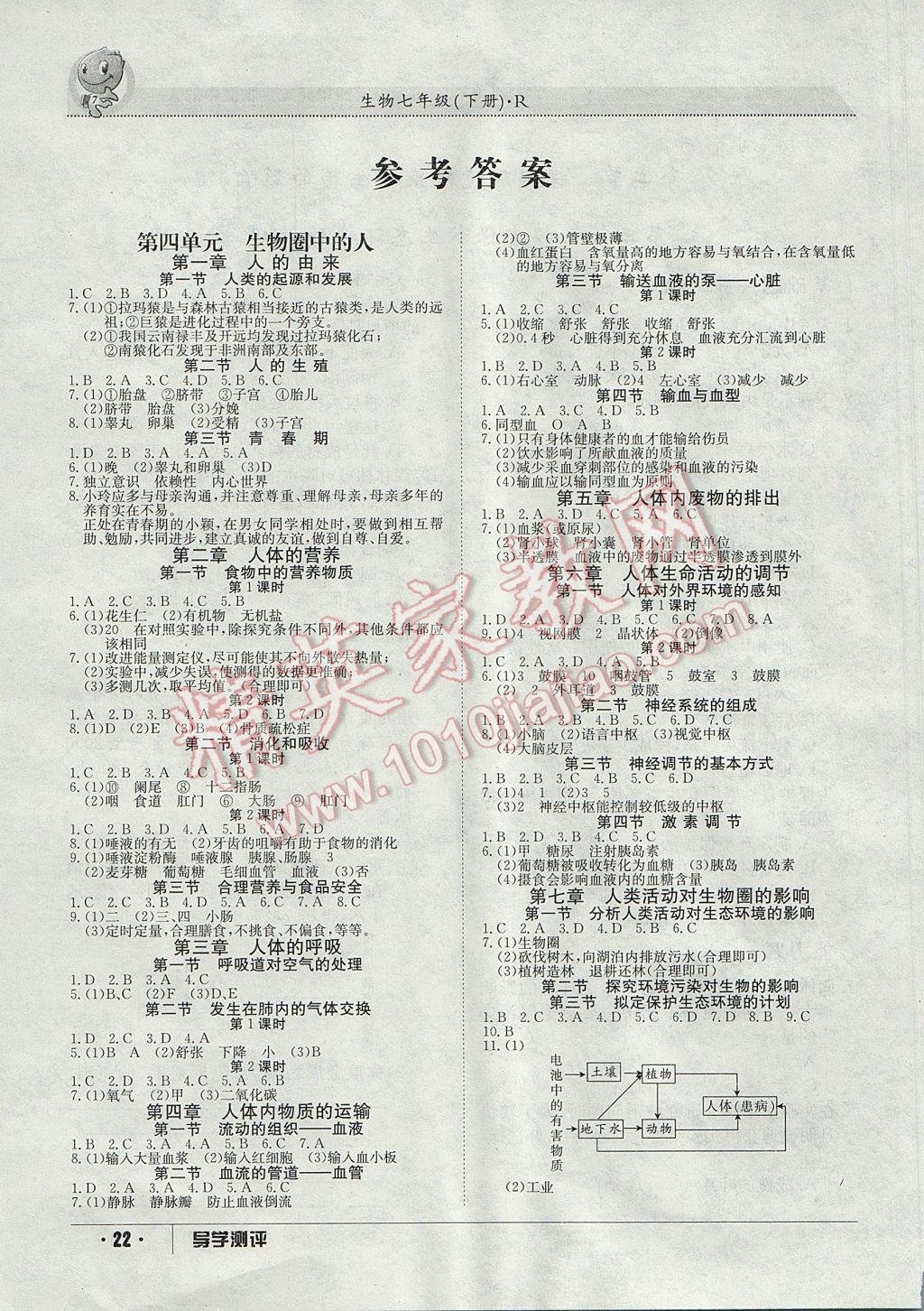 2017年金太陽導學案七年級生物下冊 導學測評答案第1頁