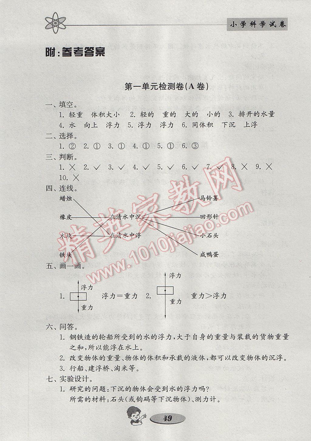 2017年金鑰匙小學科學試卷五年級下冊教科版 參考答案第1頁