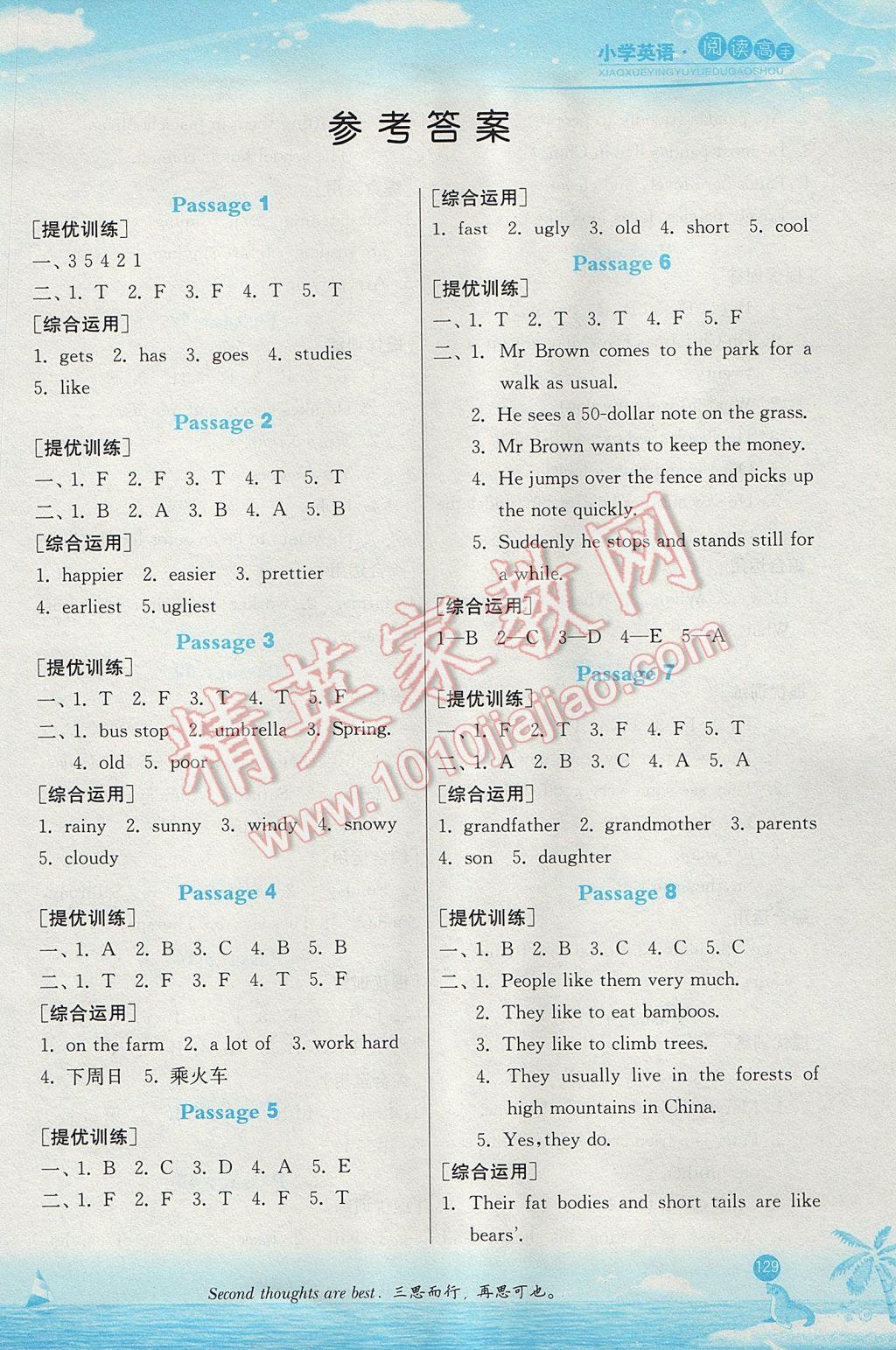 2016年春雨教育小学英语阅读高手六年级 参考答案第1页