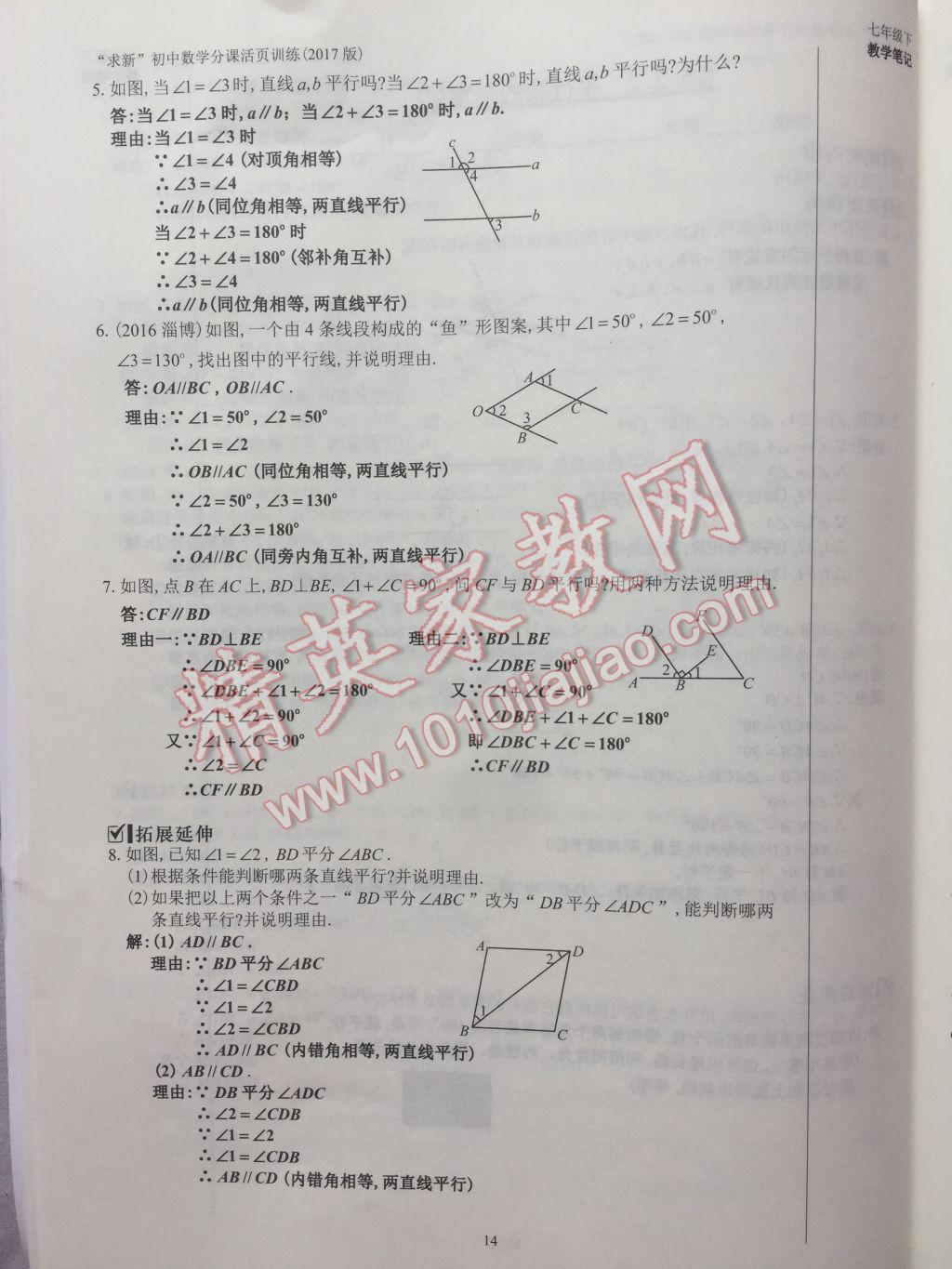 2017年初中数学活页练习七年级下册西安出版社 参考答案第14页