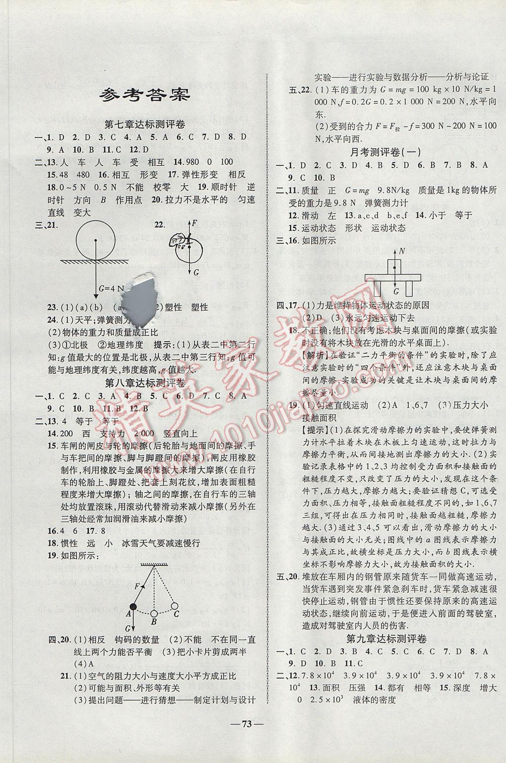 2017年培優(yōu)奪冠金卷名師點(diǎn)撥八年級(jí)物理下冊(cè)人教版 參考答案第1頁(yè)