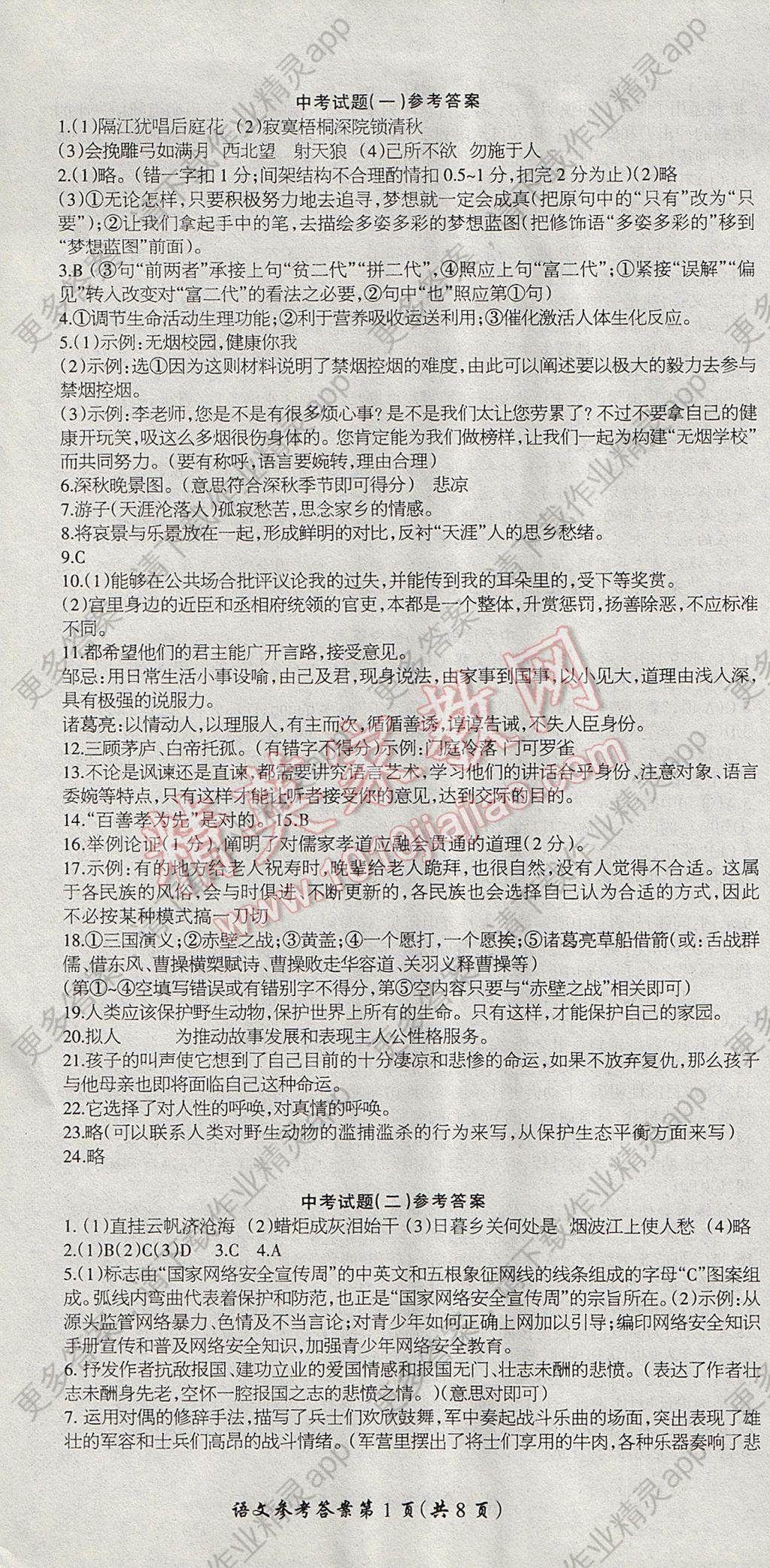 2017年河北重点中学中考冲刺领航卷语文答案