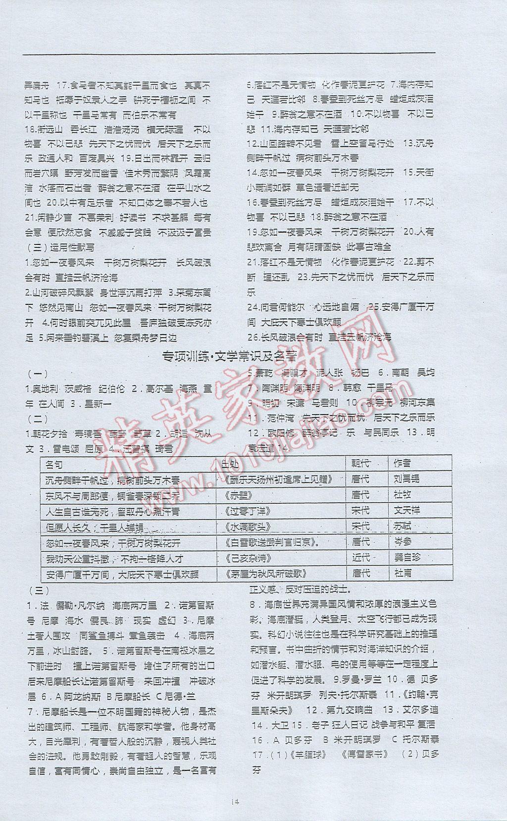 2017年高分计划一卷通八年级语文下册 参考答案第14页