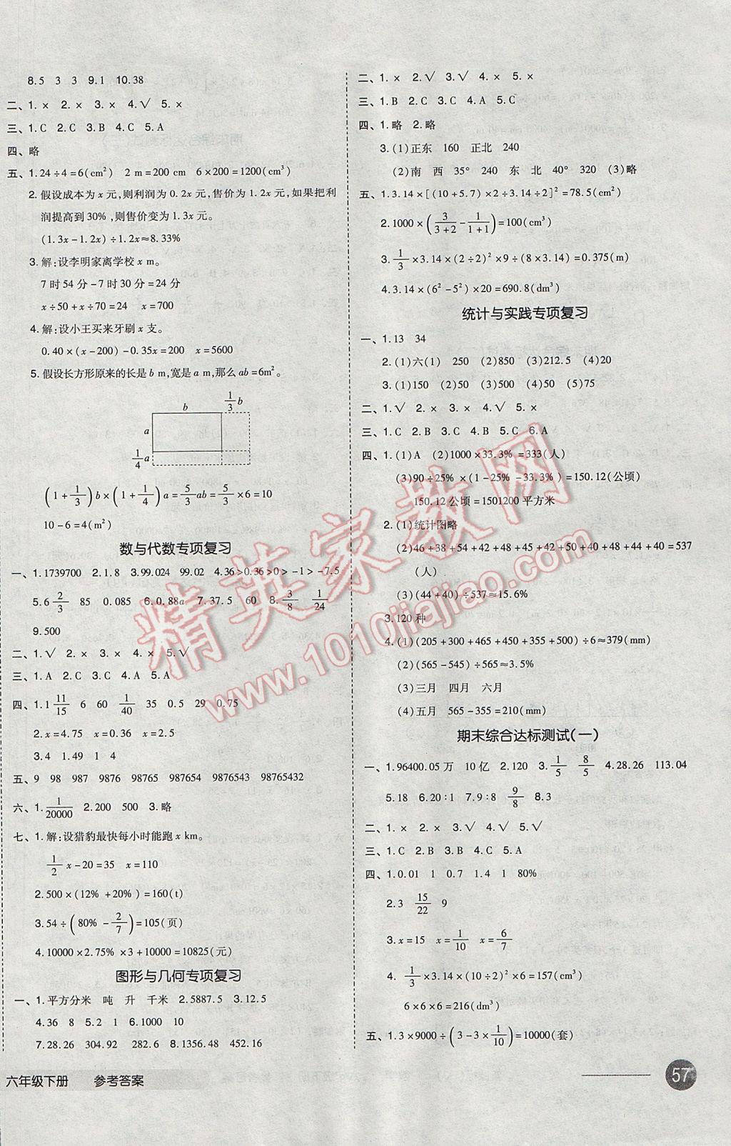 2017年全品小復習六年級數學下冊人教版 參考答案第6頁