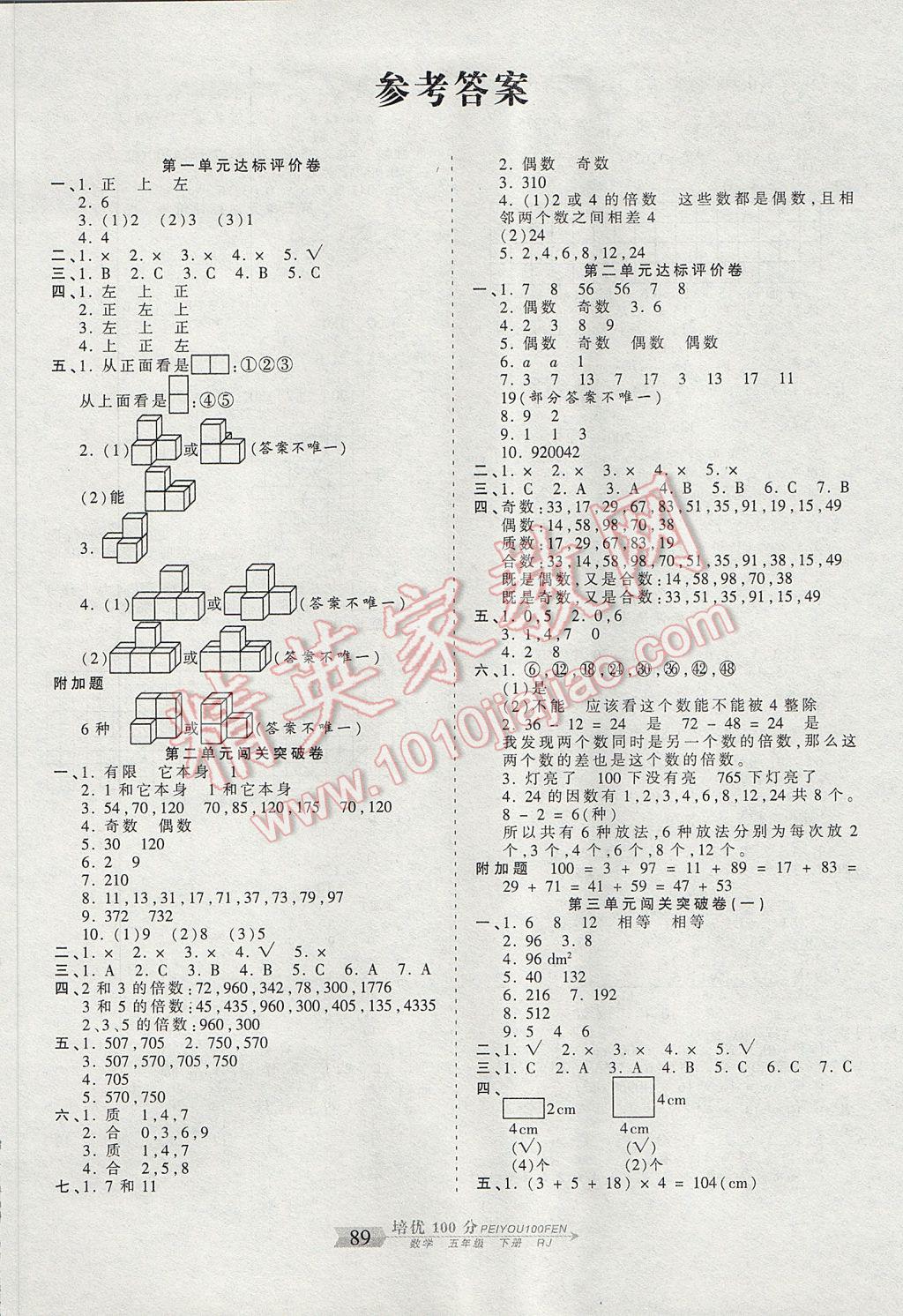 2017年王朝霞培优100分五年级数学下册人教版 参考答案第1页