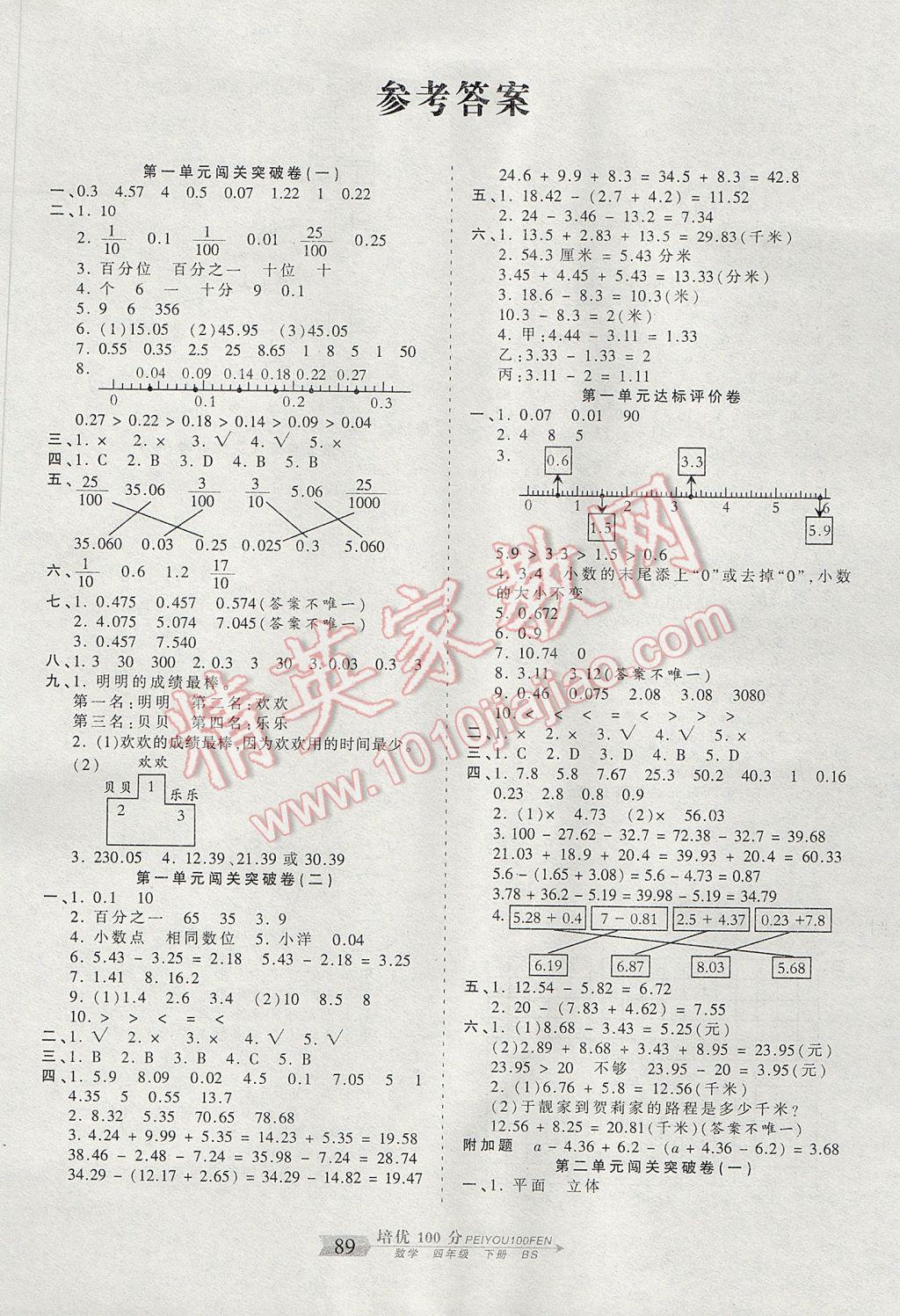 2017年王朝霞培優(yōu)100分四年級(jí)數(shù)學(xué)下冊(cè)北師大版 參考答案第1頁(yè)