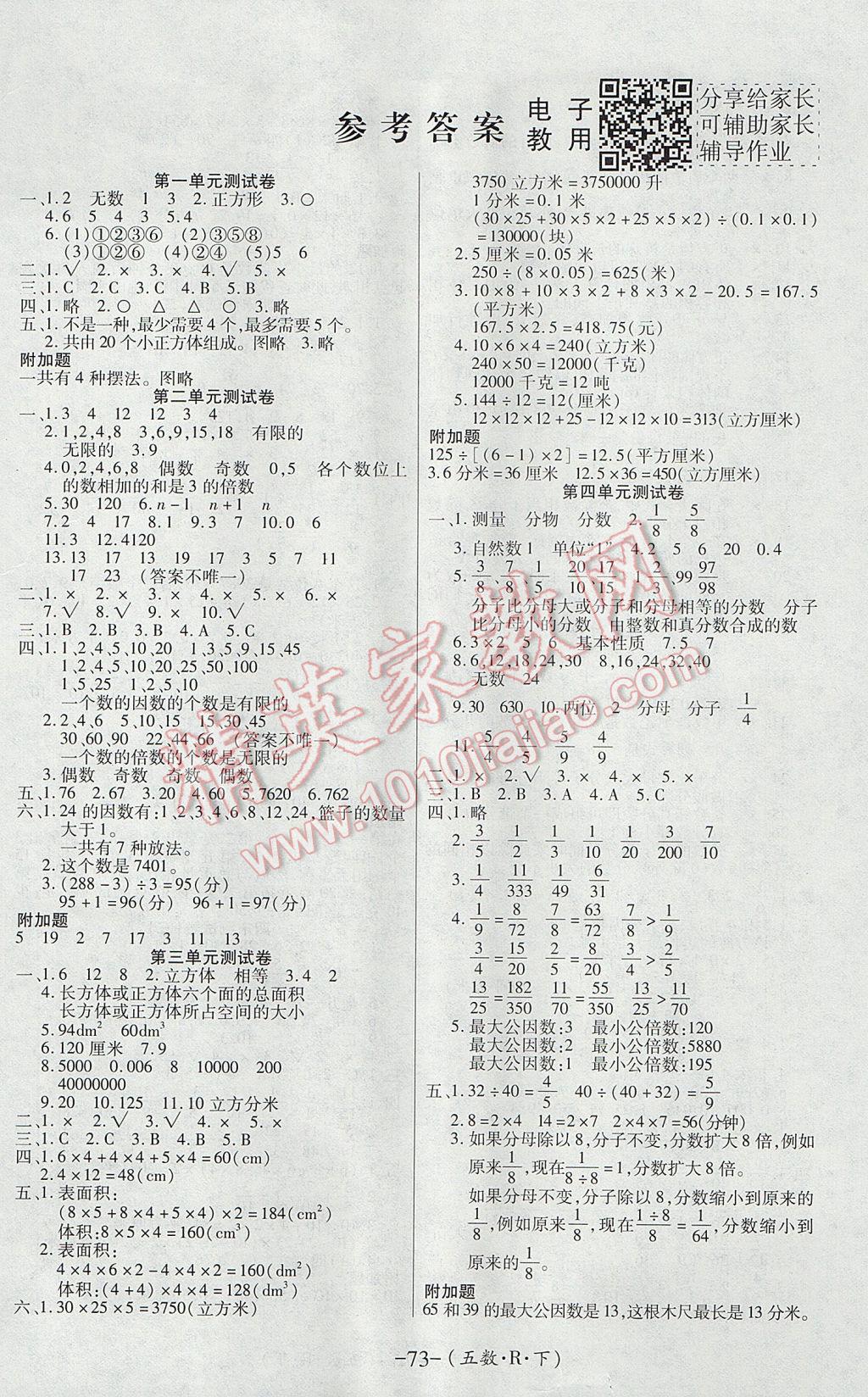 2017年優(yōu)佳好卷五年級(jí)數(shù)學(xué)下冊(cè)人教版 參考答案第1頁(yè)