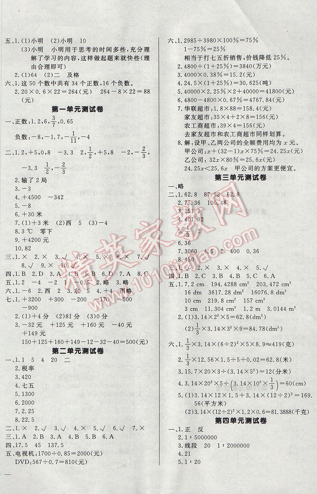 2017年天天向上周周测六年级数学下册人教版 参考答案第6页