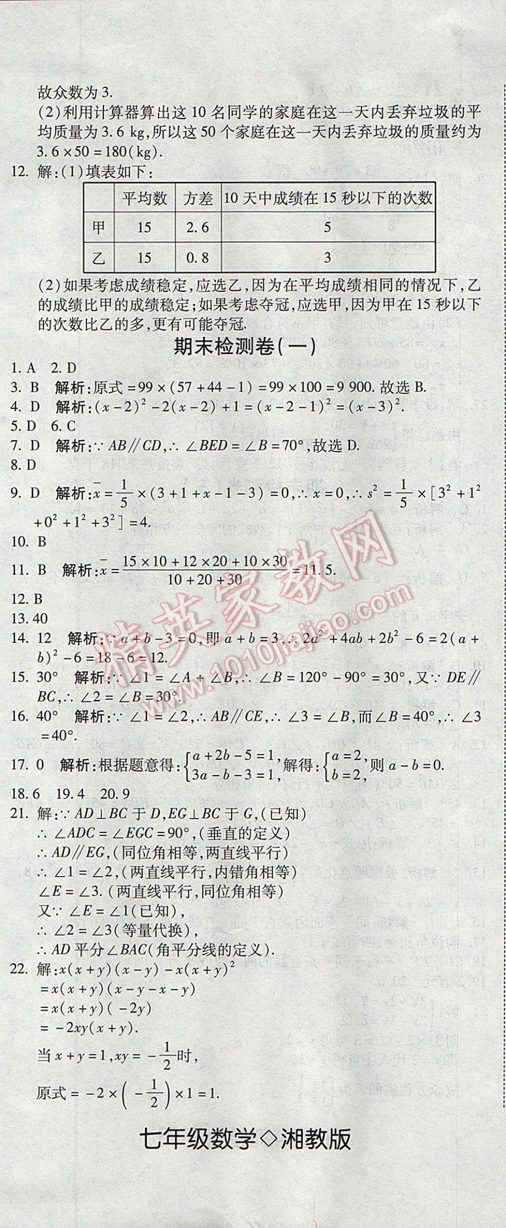 2017年奪冠沖刺卷七年級數(shù)學(xué)下冊湘教版 參考答案第8頁