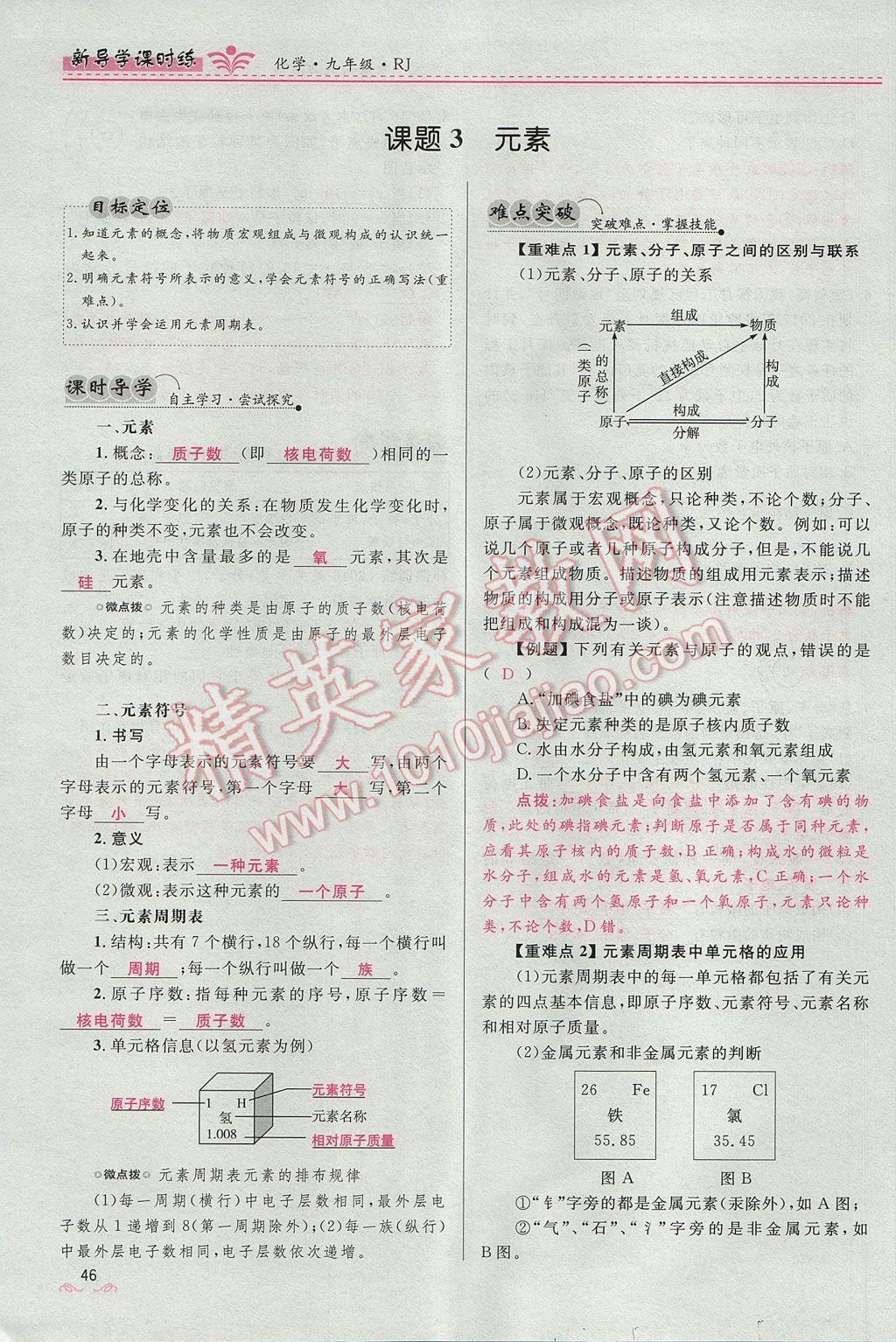 2017年夺冠百分百新导学课时练九年级化学上册人教版 第三单元 物质构成的奥秘第79页