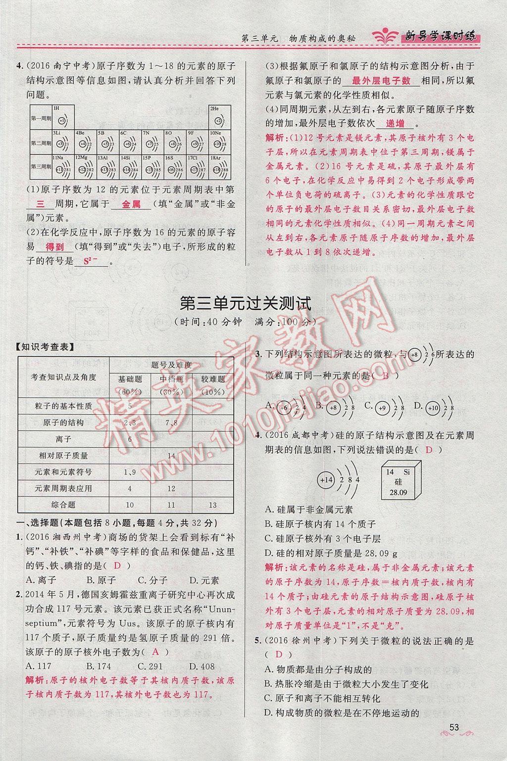 2017年夺冠百分百新导学课时练九年级化学上册人教版 第三单元 物质构成的奥秘第86页