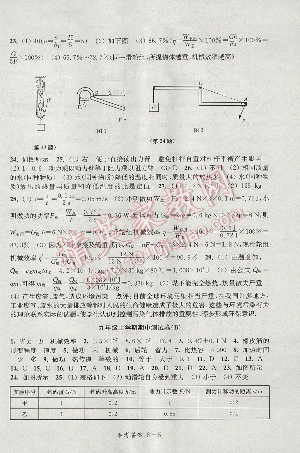 2017年同步练习配套试卷九年级物理上册江苏科学技术出版社 参考答案第5页