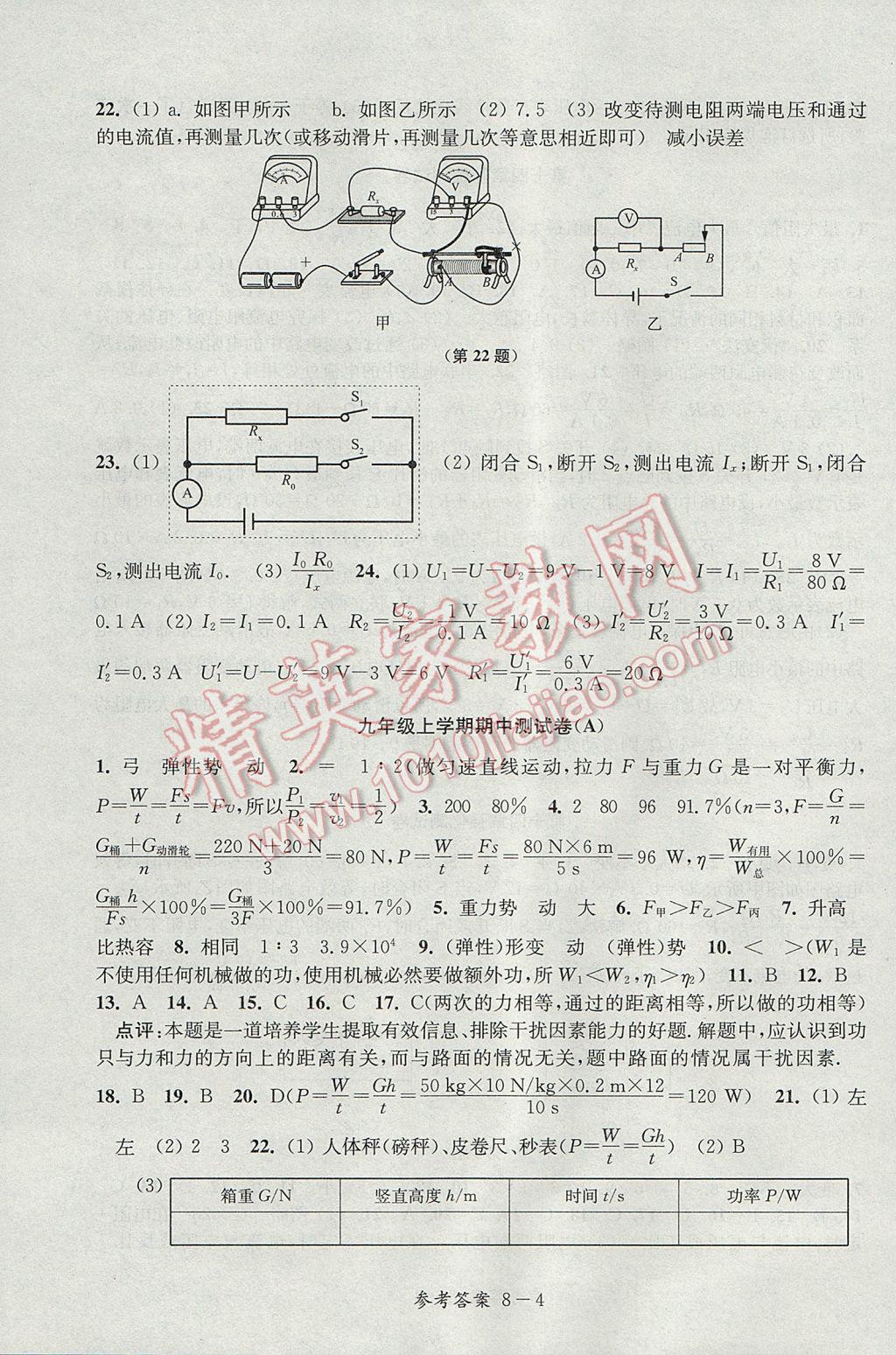 2017年同步练习配套试卷九年级物理上册江苏科学技术出版社 参考答案第4页