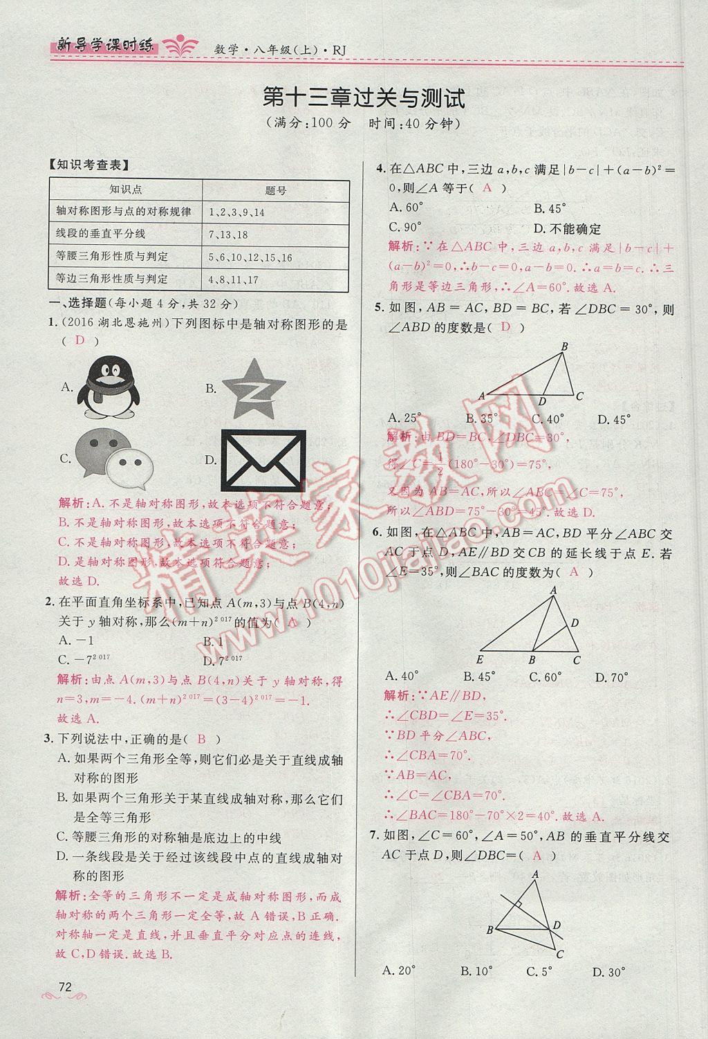 2017年夺冠百分百新导学课时练八年级数学上册人教版 第十三章 轴对称第80页