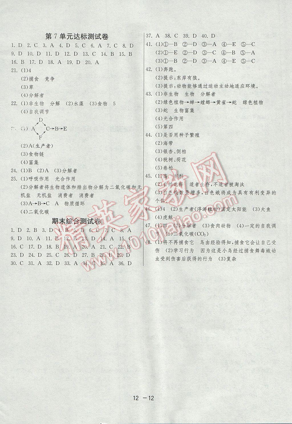 2017年1課3練單元達(dá)標(biāo)測(cè)試八年級(jí)生物學(xué)上冊(cè)蘇教版 參考答案第12頁(yè)