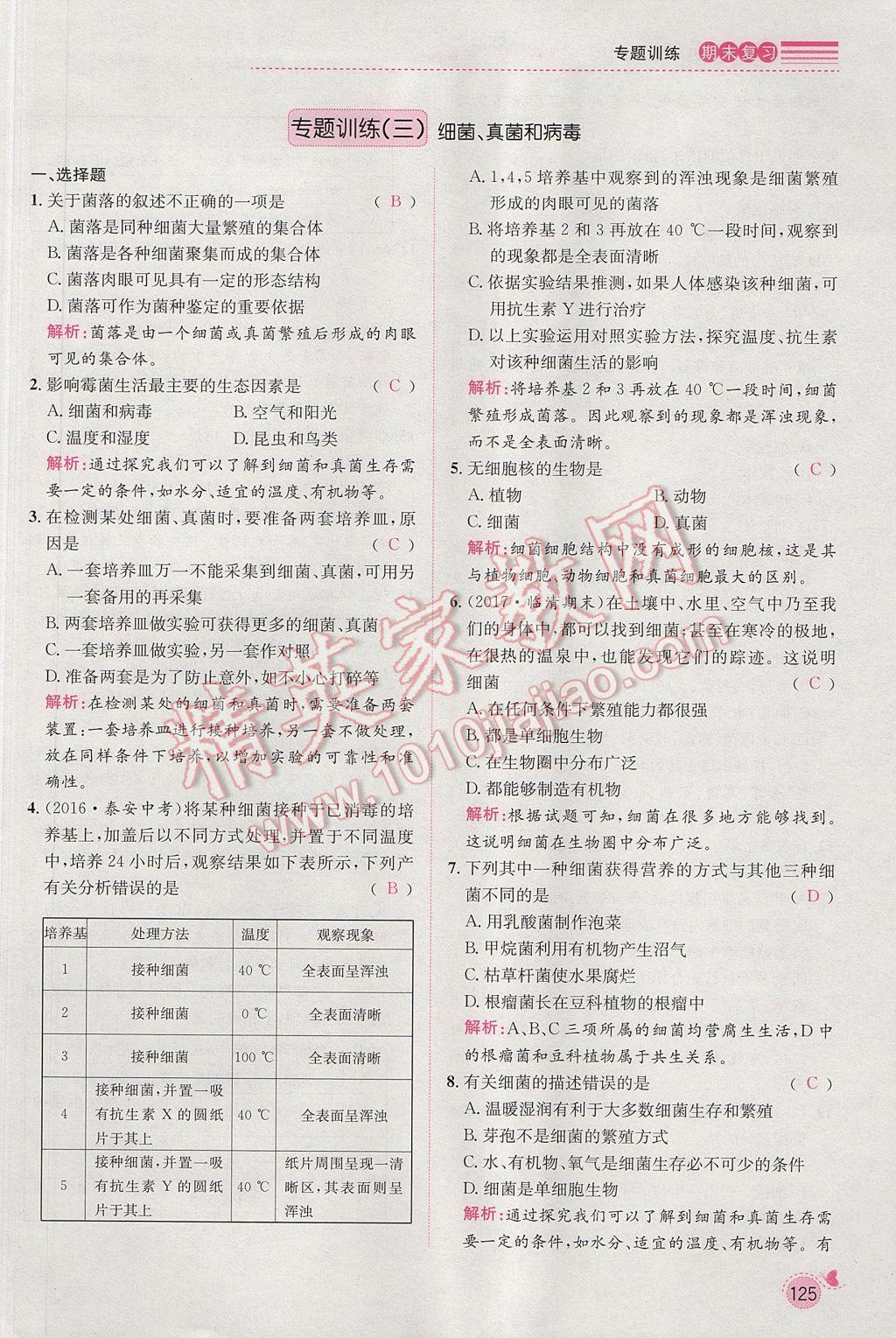 2017年思路教练同步课时作业八年级生物上册人教版 期末复习专题训练第8页