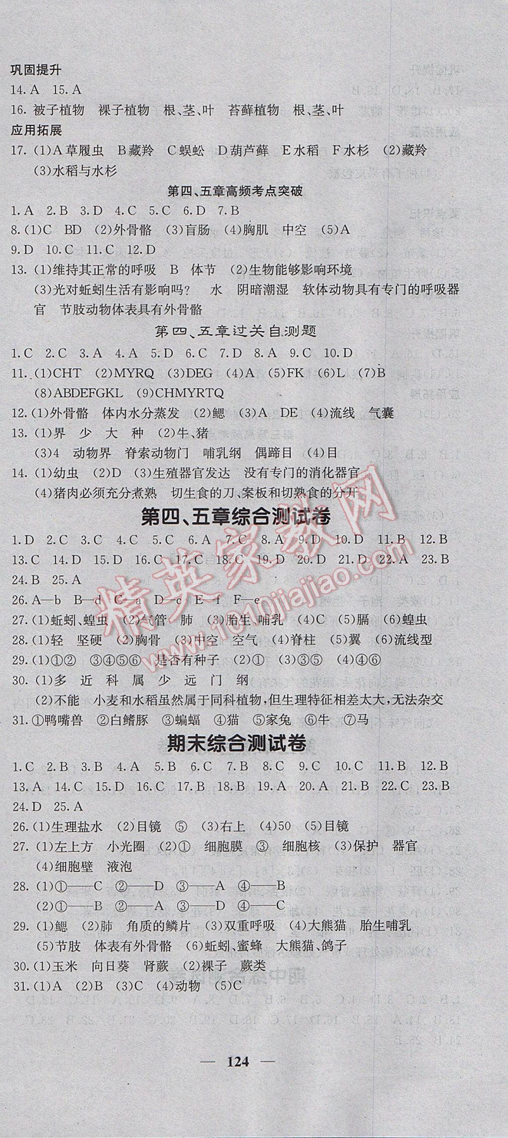 2017年課堂點睛七年級生物上冊冀少版 參考答案第12頁