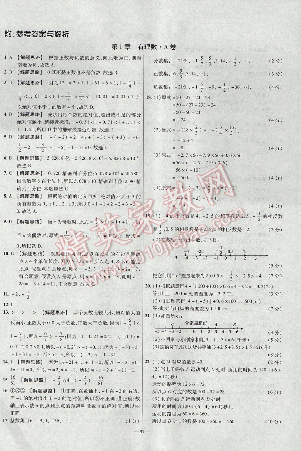 2017年金考卷活頁題選七年級數(shù)學(xué)上冊滬科版 參考答案第1頁