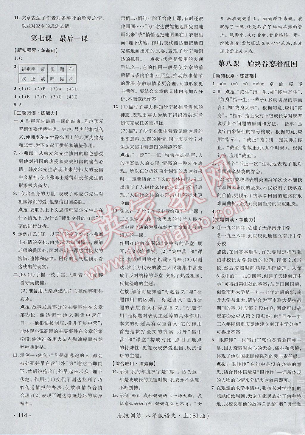 2017年點(diǎn)撥訓(xùn)練八年級(jí)語文上冊蘇教版 參考答案第11頁