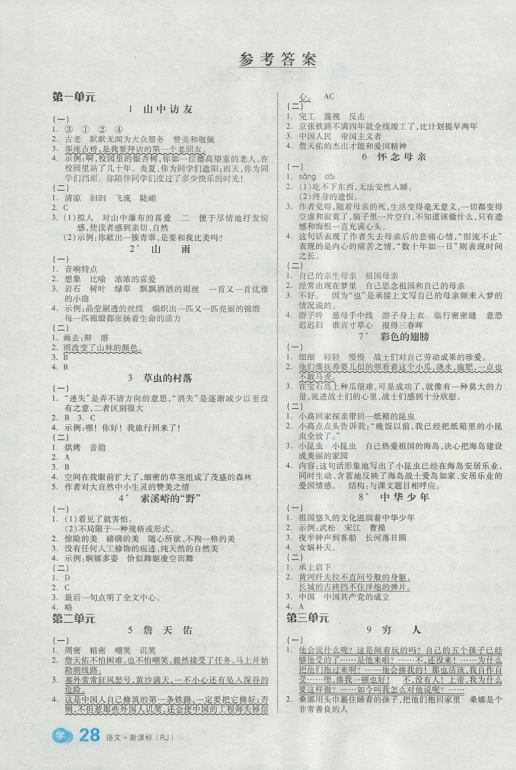 2017年全品学练考六年级语文上册人教版 课文精读训练答案第14页