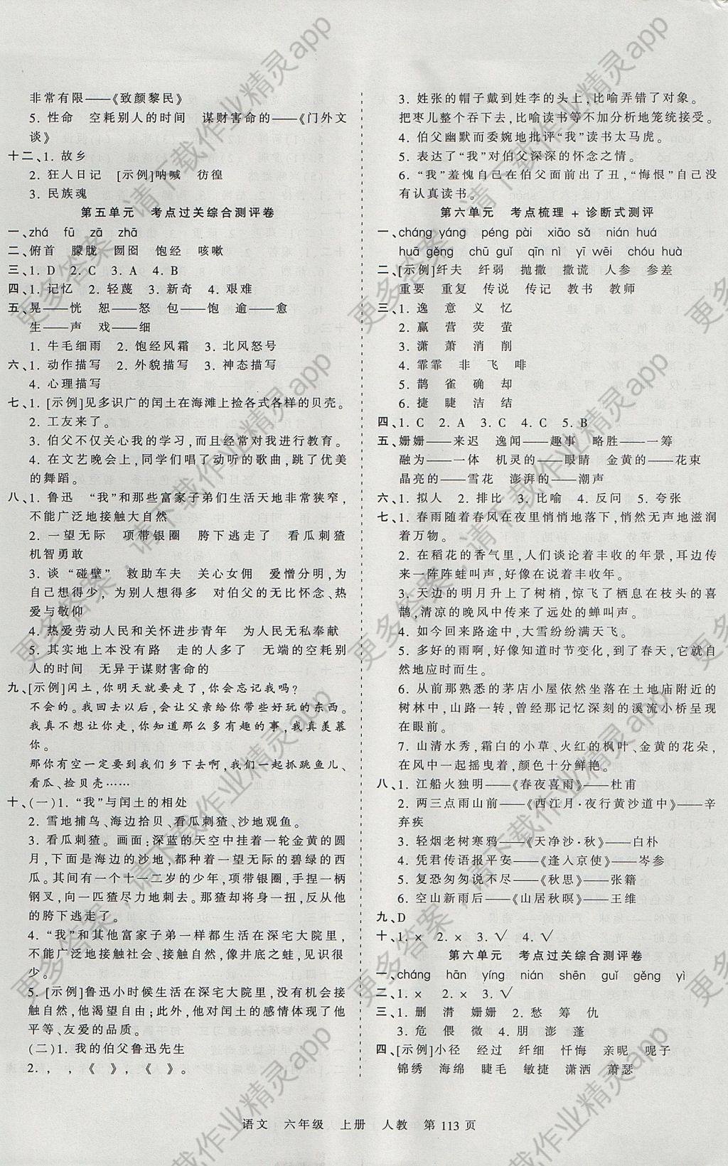 2017年王朝霞考点梳理时习卷六年级语文上册