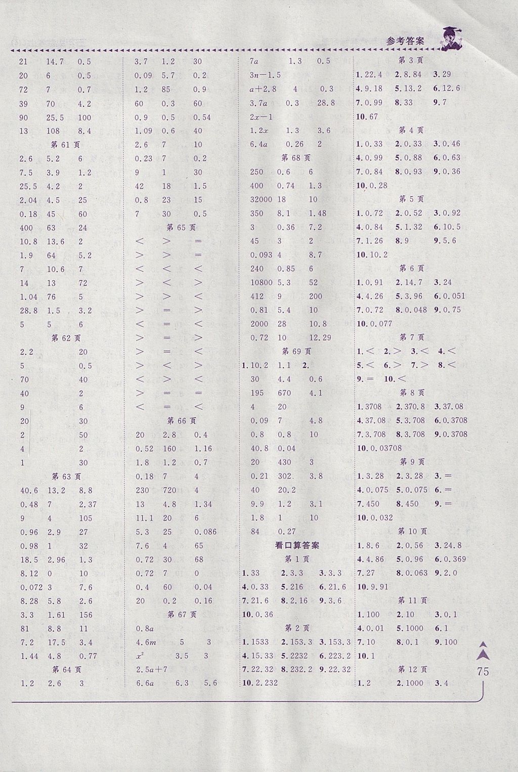 2017年黃岡小狀元口算速算練習(xí)冊五年級數(shù)學(xué)上冊人教版 參考答案第7頁