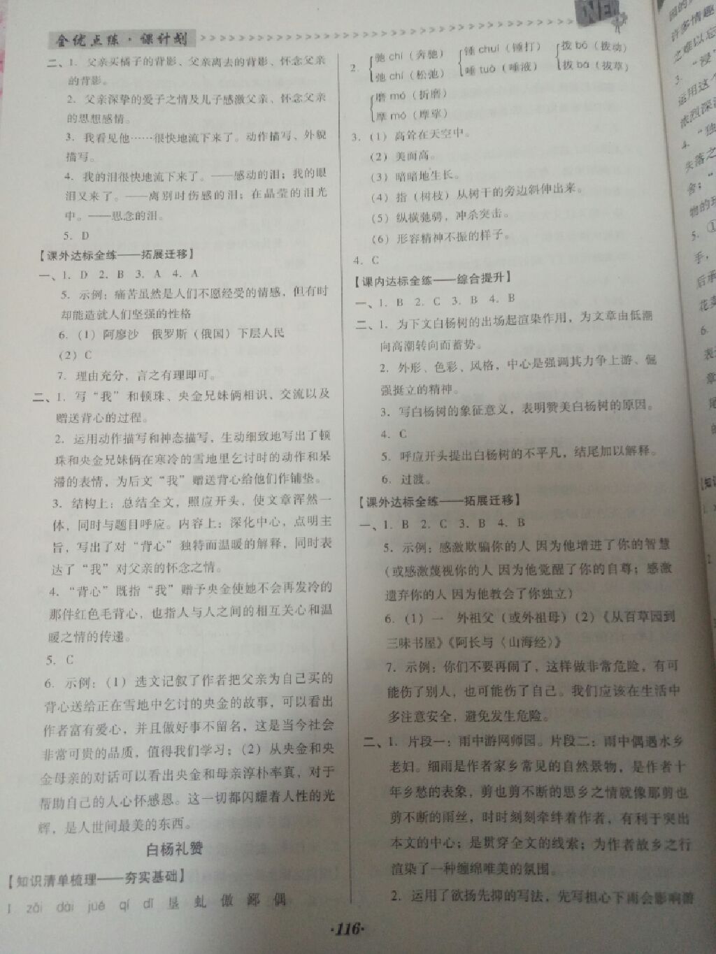 2017年全优点练课计划八年级语文上册人教版 参考答案第8页