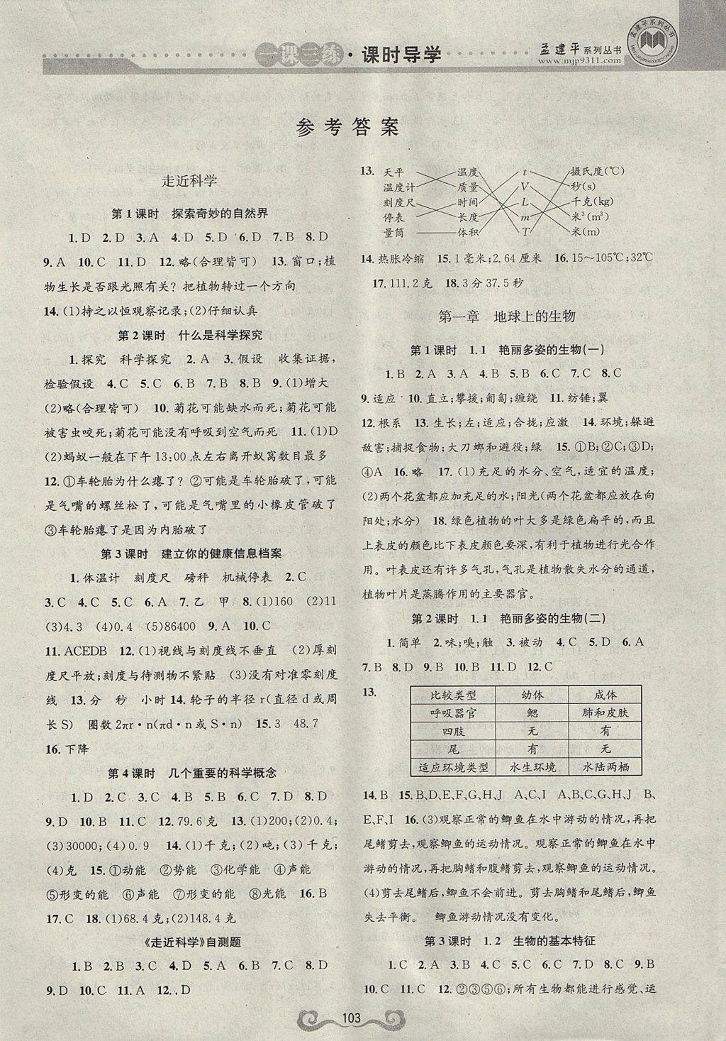 2017年孟建平系列一课三练课时导学七年级科学上册华师大版 参考答案