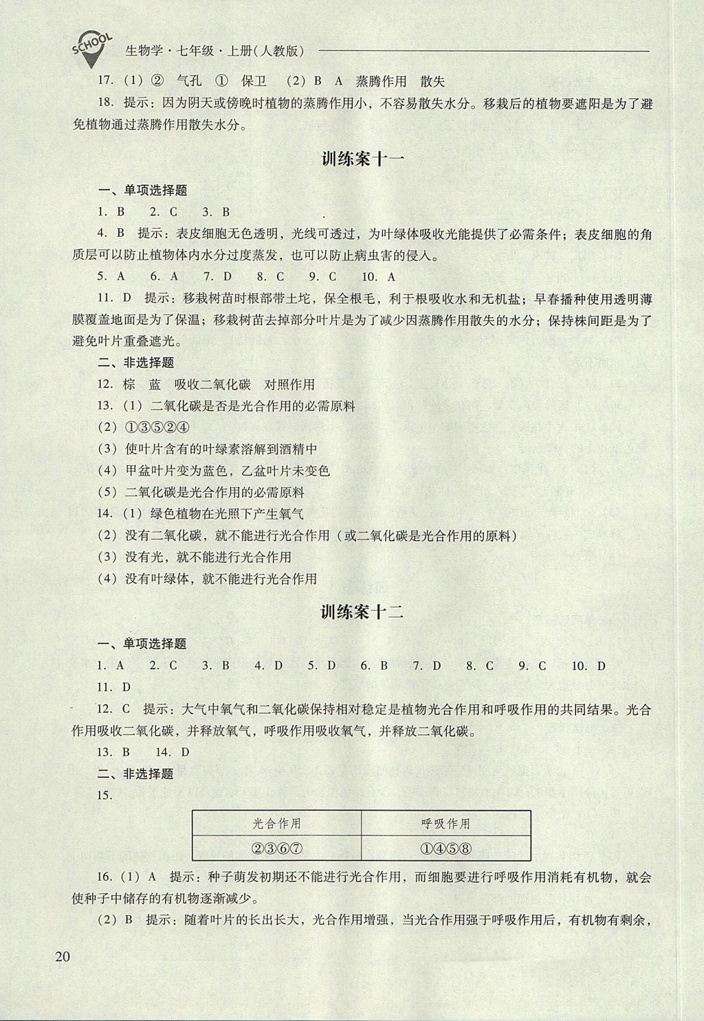 2017年新课程问题解决导学方案七年级生物学上册人教版 参考答案第20页